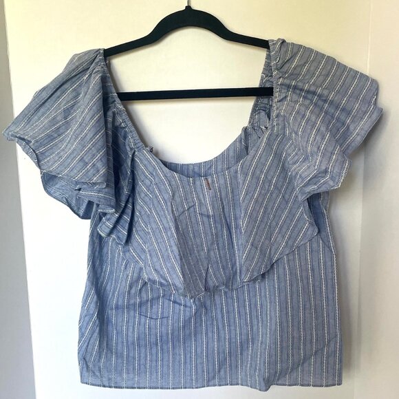 MISA Los Angeles Marina Top Womens L Blue Stripe Cotton Ruffle Cold Shoulder - Picture 5 of 9